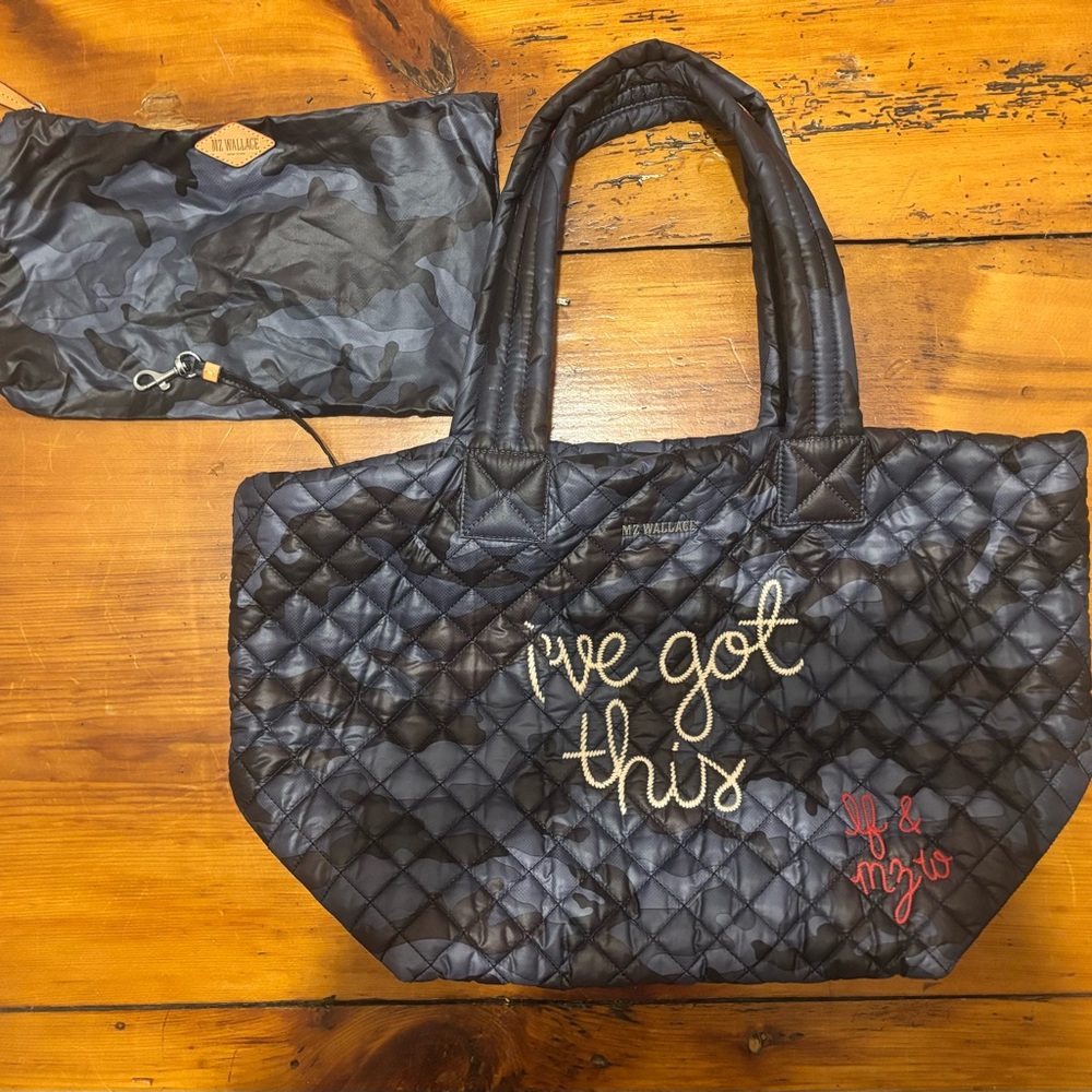 MZ Wallace x Lingua Franca Black/Blue Camo Quilted Tote Bag